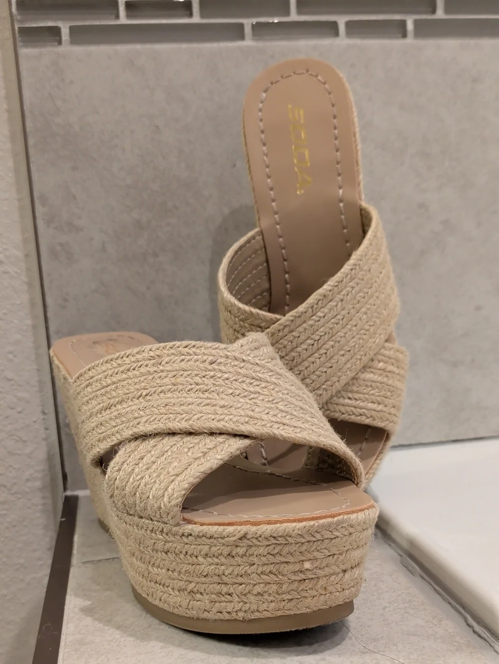 Soda Natural Beige Woven Platform Slide